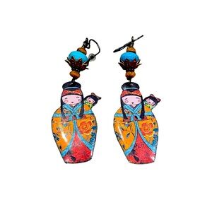 Earrings Mother Daughter Colorful Set Asian Hand-painted Orange Red Turquoise